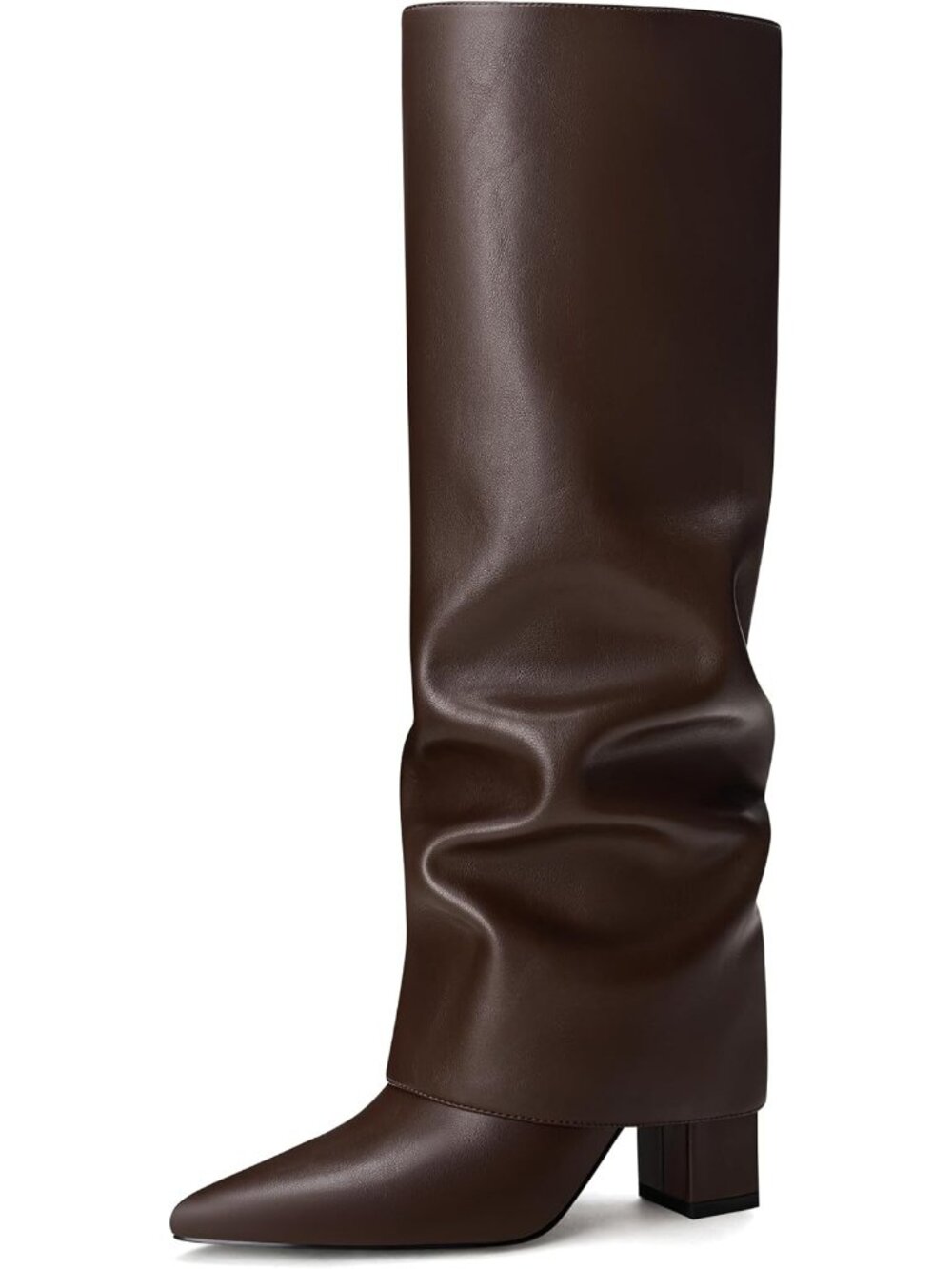 Women's Dark Brown Knee High Boots Fold Over Chunky Heel Pointed Toe Boots